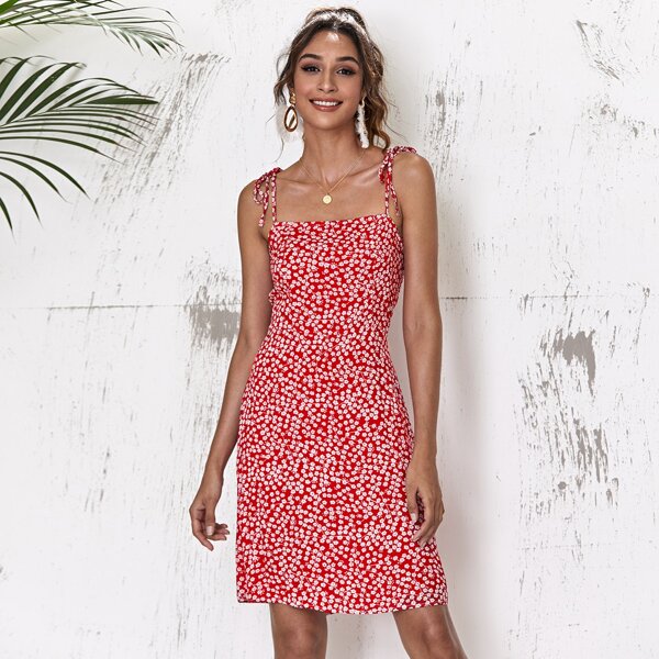 

Ditsy Floral Print Shirred Back Knotted Sundress, Red