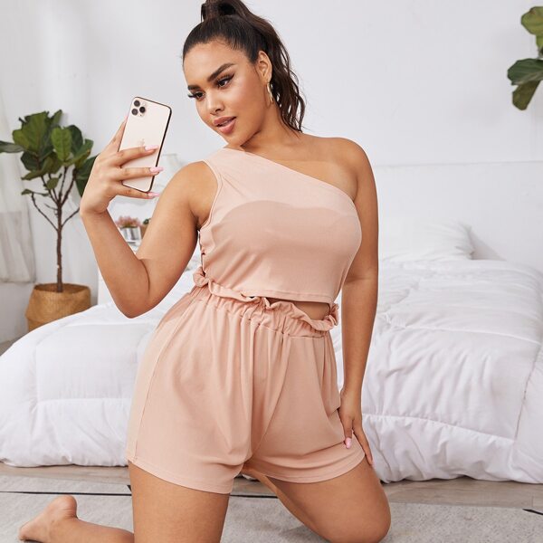 

Plus One Shoulder Top With Paperbag Shorts Pajama Set, Baby pink
