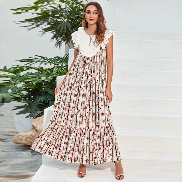 

Floral & Striped Print Ruffle Cuff Smock Dress, Multicolor
