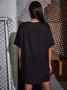 SHEIN Coolane 圖案印花落肩t恤洋裝 - 黑色 - 查看 2