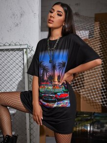 SHEIN Coolane 圖案印花落肩t恤洋裝 - 黑色 - 查看 3