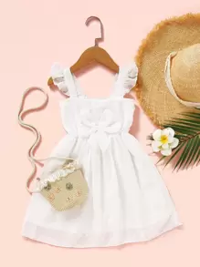 SHEIN Toddler Girls Swiss Dot Ruffle Bow A-line Dress - White - View 1