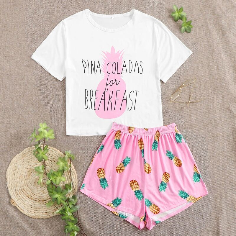 

Letter & Pineapple Print Tee With Shorts PJ Set, Multicolor