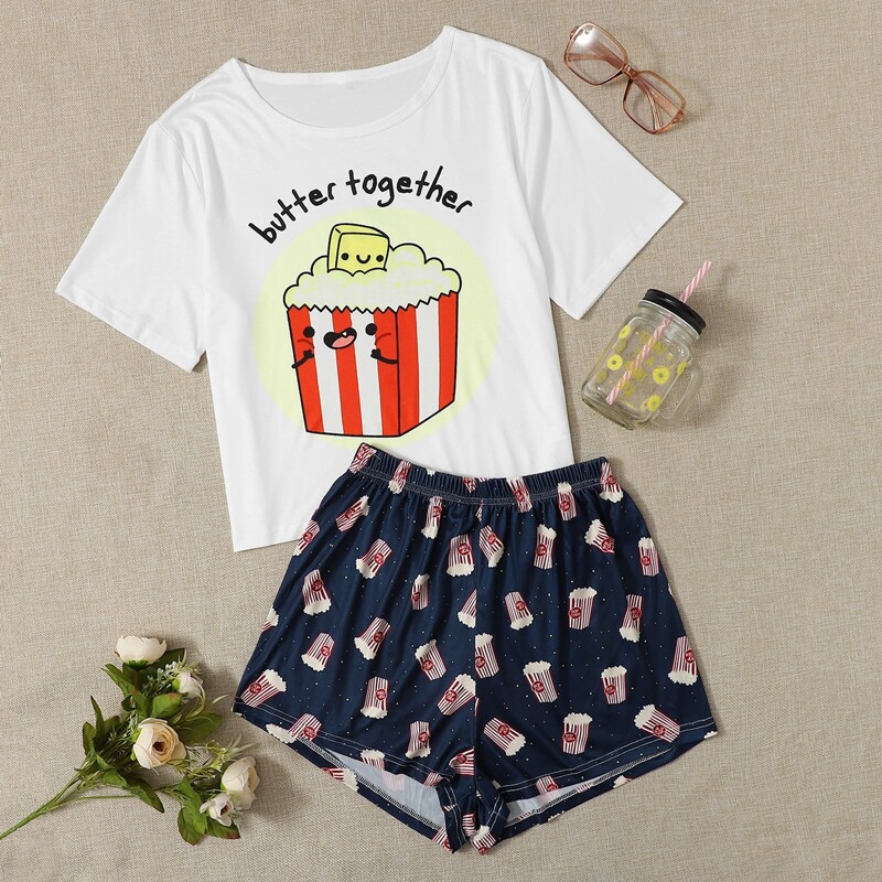

Letter & Cartoon Graphic Tee With Shorts PJ Set, Multicolor