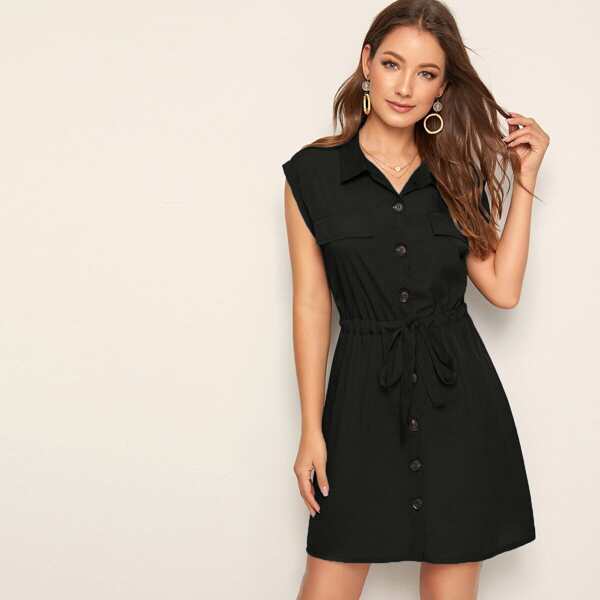 

Drawstring Waist Button Front Cargo Dress, Black