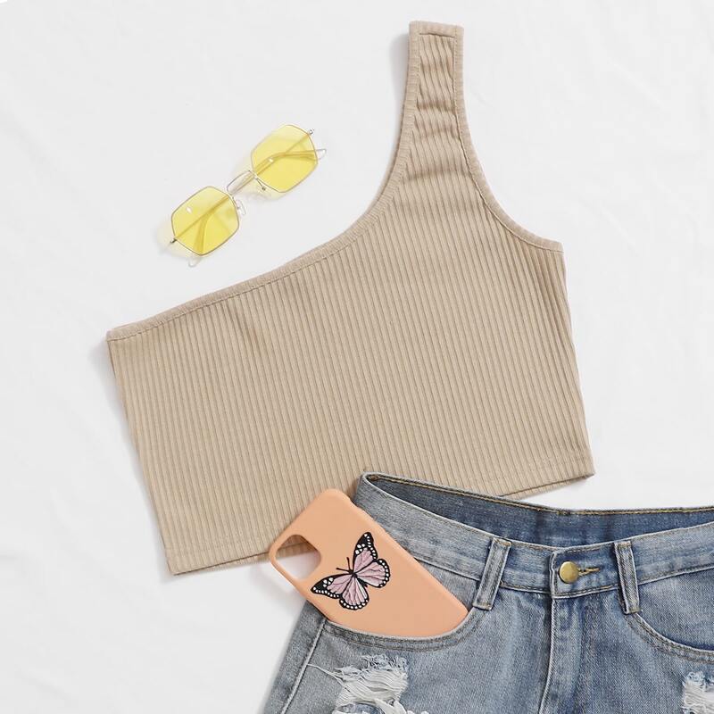 

Ribbed One-Shoulder Crop Top, Khaki