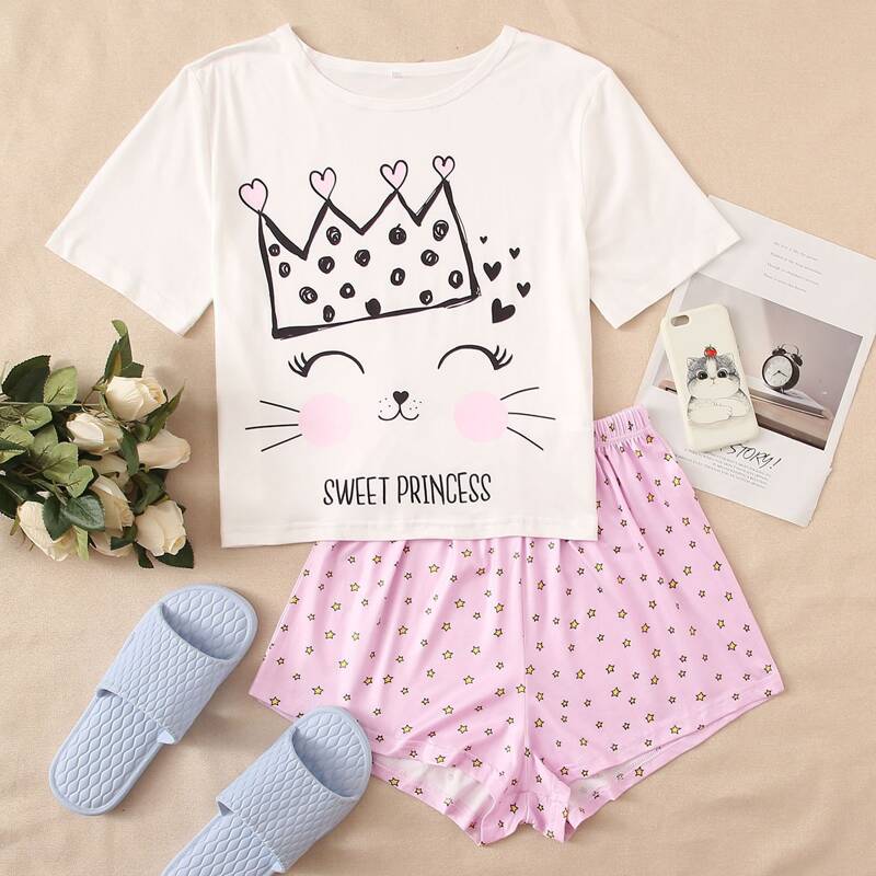 

Cartoon Graphic Tee & Allover Star Shorts, Multicolor