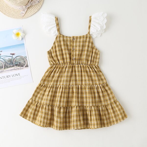 

Toddler Girls Plaid Button Detail Ruffle Hem Cami Dress, Multicolor