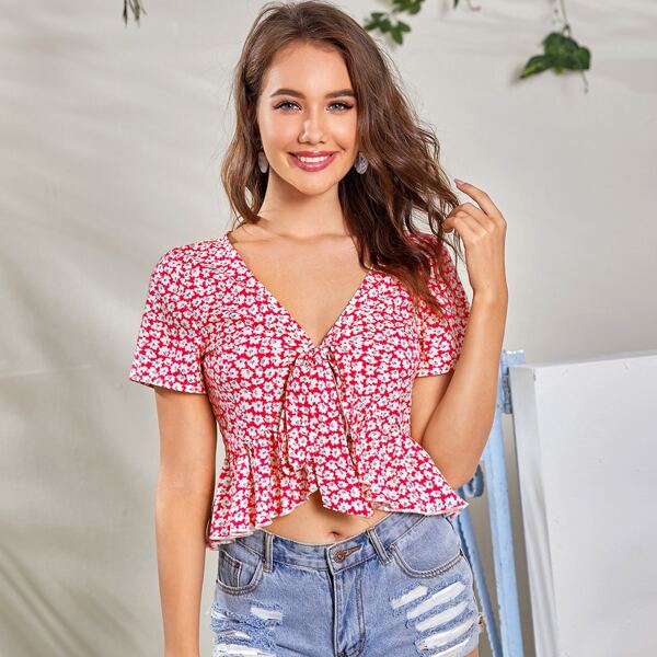 

Ditsy Floral Print Tie Front Peplum Top, Red