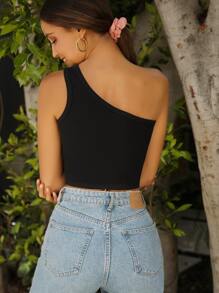SHEIN Privé One Shoulder Rib-knit Crop Top - Black - View 2