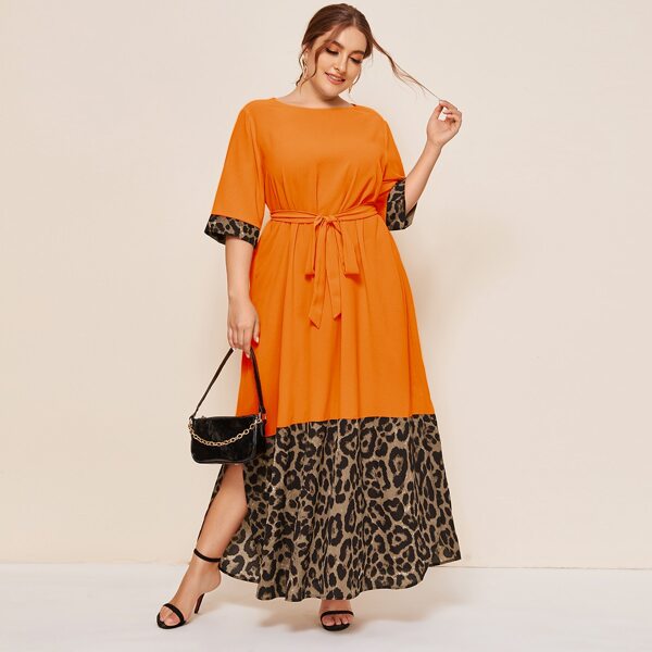 

Plus Neon Orange Leopard Belted Dress, Orange neon