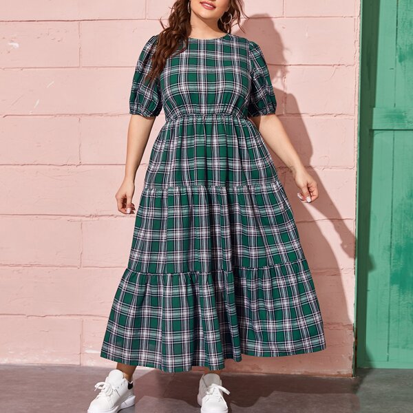 

Plus Puff Sleeve Flippy Hem Tartan Dress, Multicolor