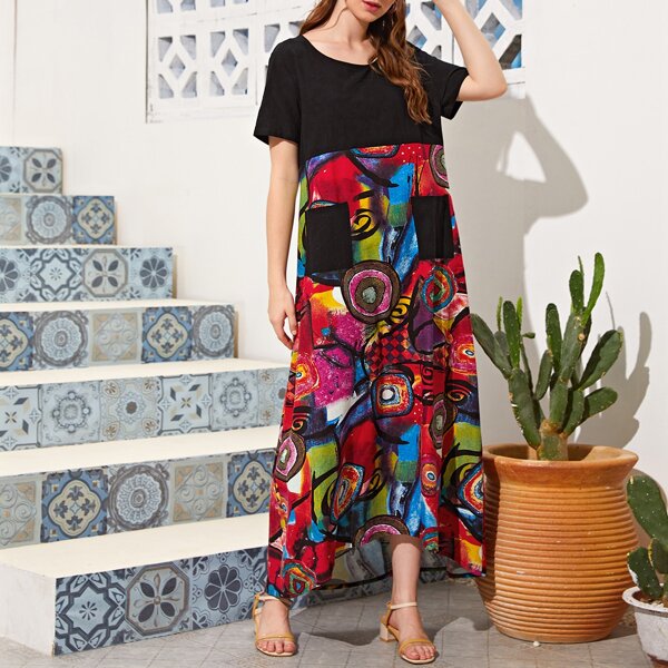 

Graphic Print Dual Pocket Dress, Multicolor