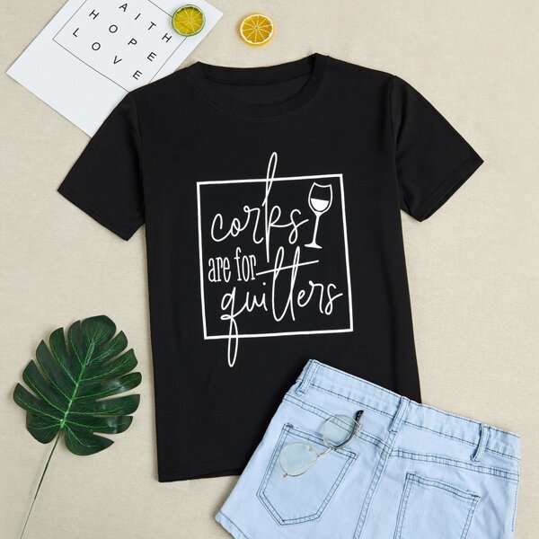 

Slogan Graphic Round Neck Tee, Black