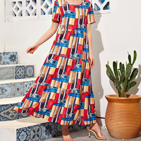 

Plant Print Patchwork Smock Dress, Multicolor