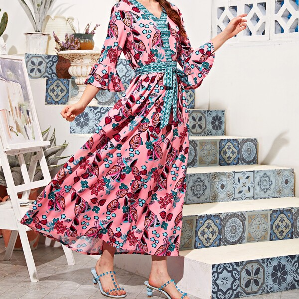 

Floral & Tribal Print Belted Dress, Multicolor