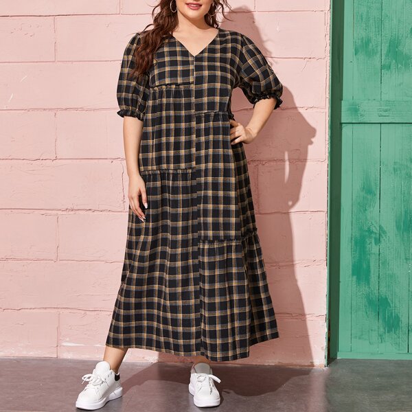 

Plus Frill Trim Puff Sleeve Plaid Dress, Multicolor