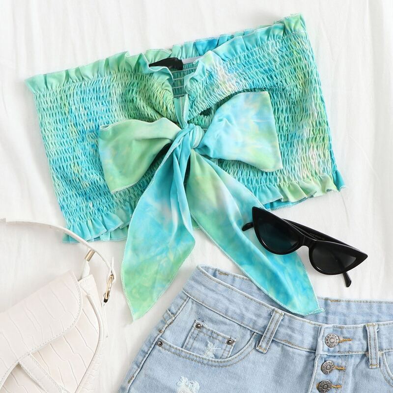 

Tie Dye Knot Front Ruffle Trim Shirred Tube Top, Multicolor