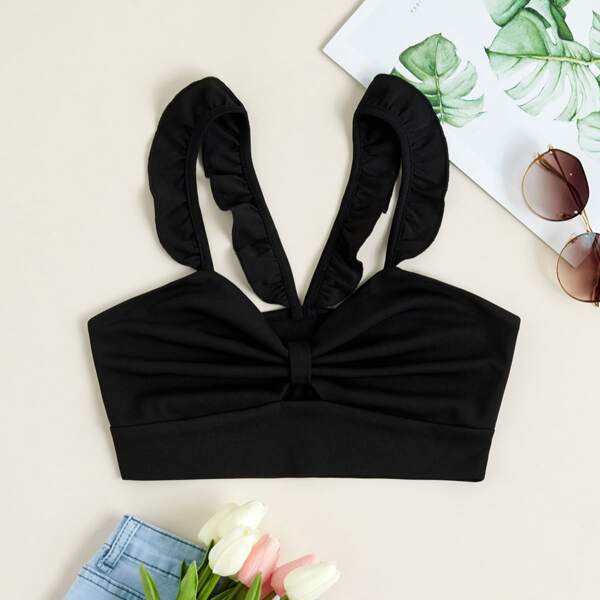 

Frill Trim Ruched Cami Top, Black