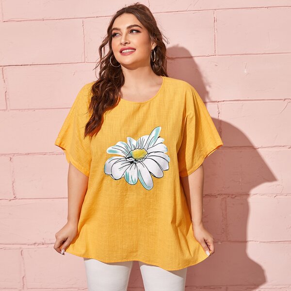 

Plus Batwing Sleeve Floral Print Top, Mustard yellow