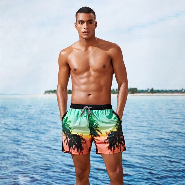 

Men Tropical Print Drawstring Swim Trunks, Multicolor