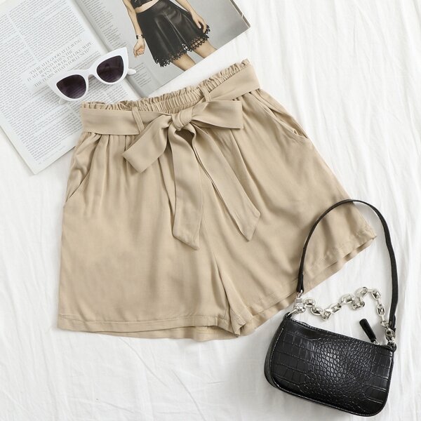 

Paperbag Waist Belted Shorts, Khaki