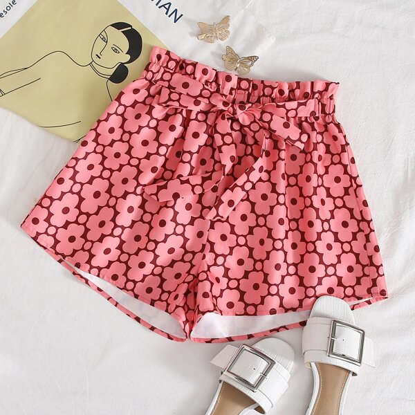 

Paperbag Waist Belted Floral Shorts, Pink