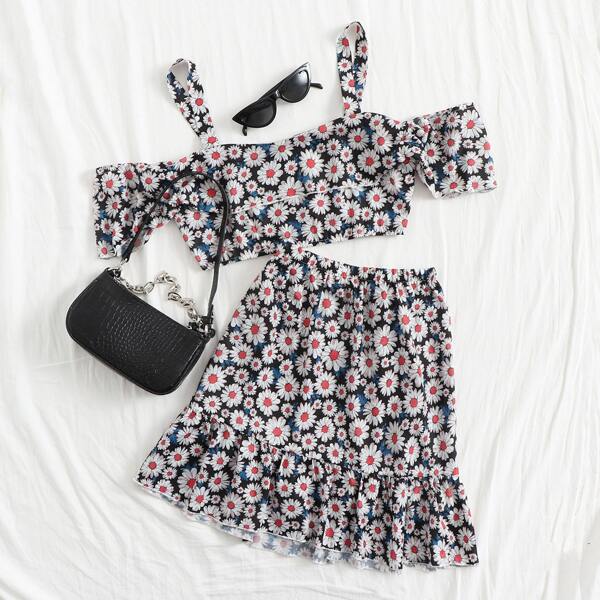 

Daisy Floral Print Cold Shoulder Top & Ruffle Hem Skirt Set, Multicolor