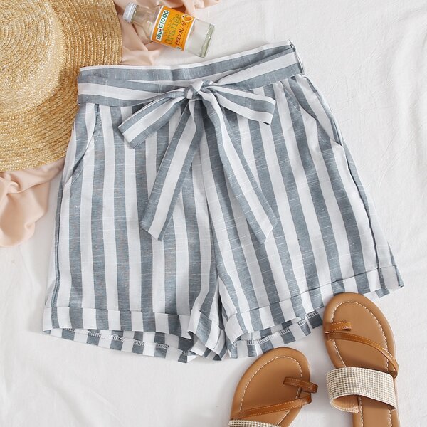 

Belted Striped Rolled Hem Shorts, Multicolor