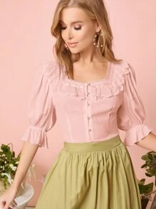 SHEIN 荷葉邊袖蕾絲邊前紐扣襯衫 - 淺粉色 - 查看 1