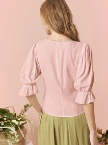 SHEIN 荷葉邊袖蕾絲邊前紐扣襯衫 - 淺粉色 - 查看 2