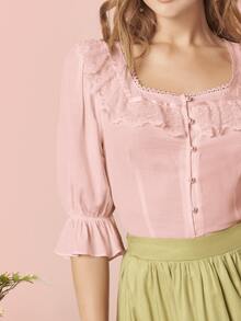 SHEIN 荷葉邊袖蕾絲邊前紐扣襯衫 - 淺粉色 - 查看 4