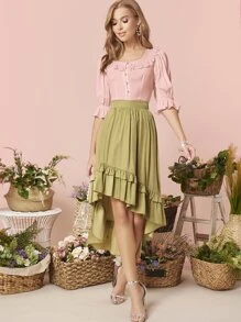 SHEIN 荷葉邊袖蕾絲邊前紐扣襯衫 - 淺粉色 - 查看 5