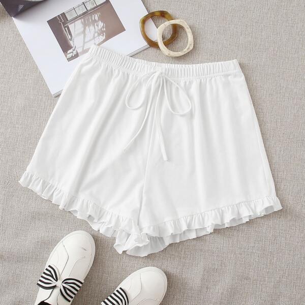 

Tie Front Ruffle Hem Wide Leg Shorts, White