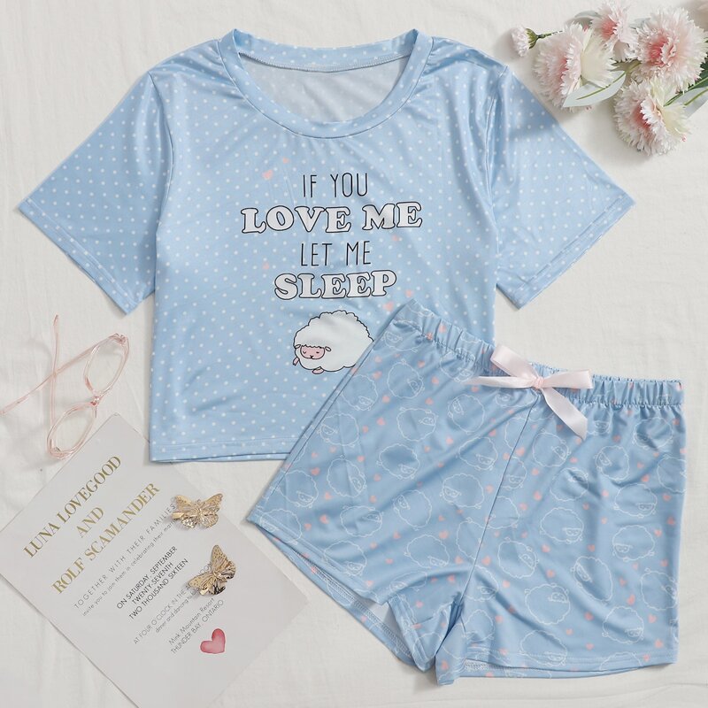 

Sheep & Slogan Print PJ Set, Pastel baby blue