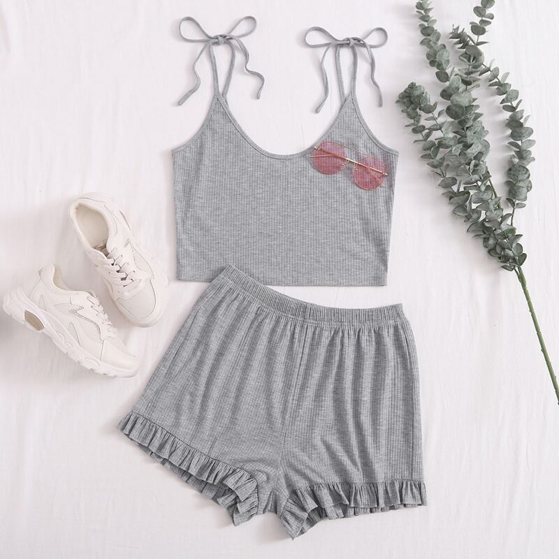 

Rib-knit Knot Strap Cami Top & Shorts, Light grey