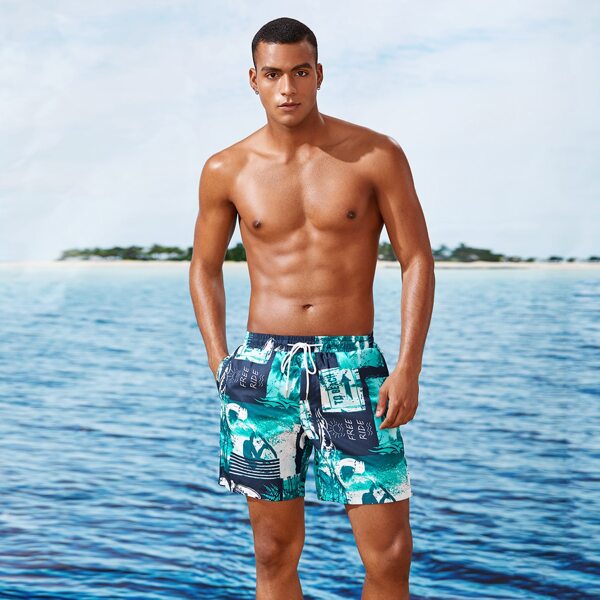 

Men Tropical Ans Letter Patchwork Drawstring Swim Trunks, Multicolor