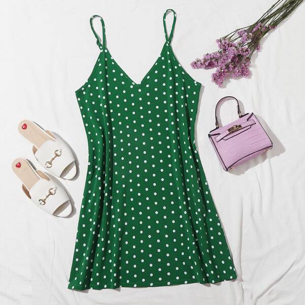 

Double V Neck Polka Dot Cami Dress, Green