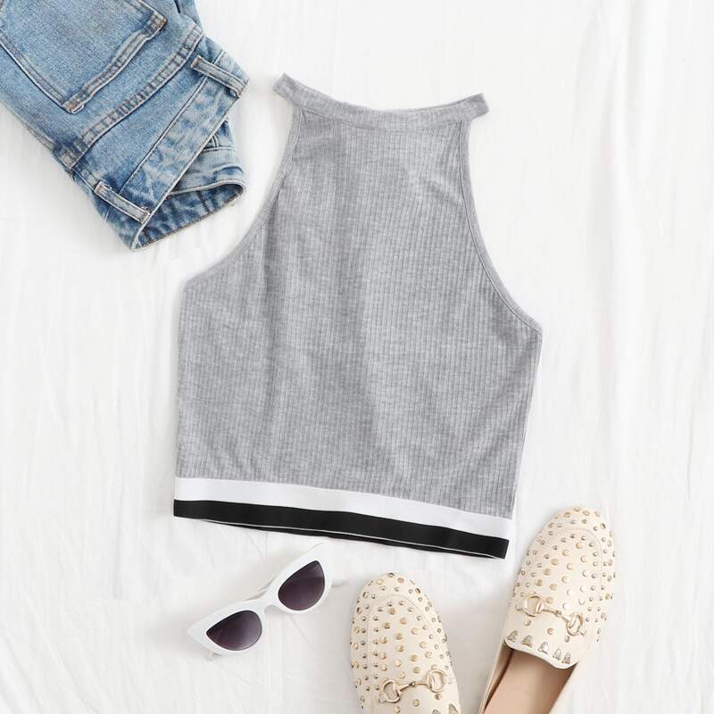 

Striped Hem Halter Top, Light grey