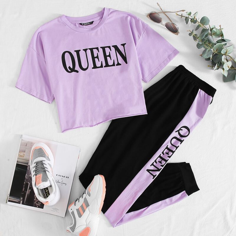 

Letter Graphic Tee and Contrast Sideseam Sweatpants Set, Multicolor
