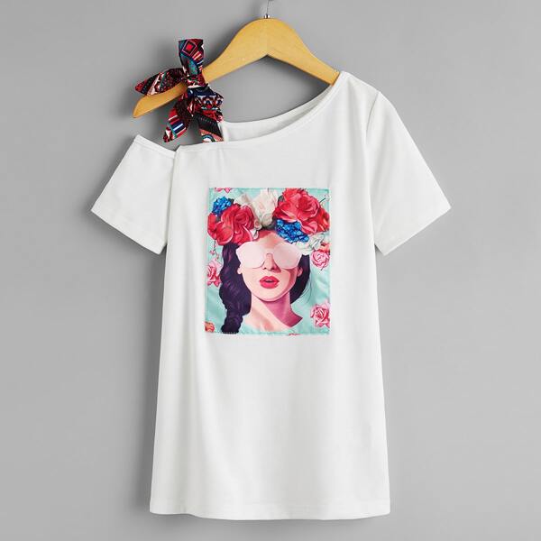 

Toddler Girls Floral & Figure Graphic Asymmetrical Neck Tee Dress, White