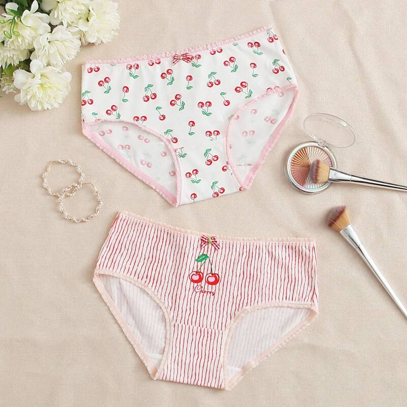 

2pack Stripe & Cherry Print Panty Set, Red and white