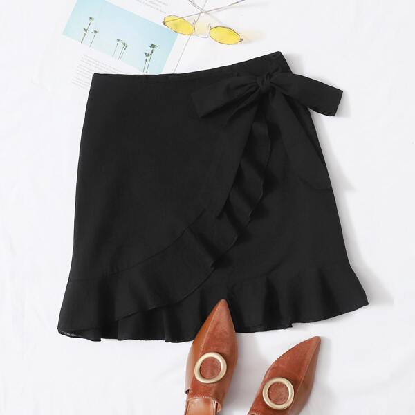 

Tie Front Ruffle Trim Solid Skirt, Black