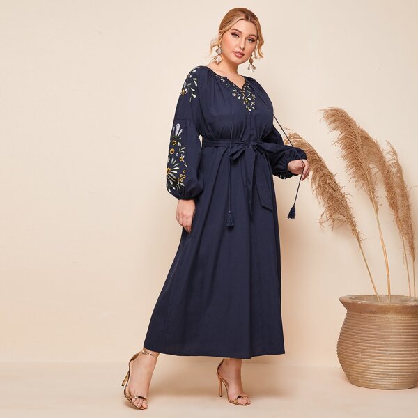 

Plus Tassel Tie Neck Embroidered Detail Lantern Sleeve Dress, Navy blue