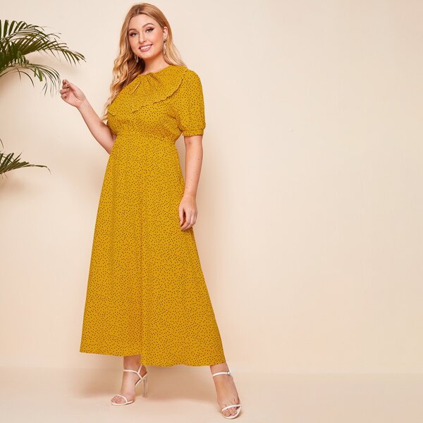 

Plus Polka Dot Pleated Bow Dress, Mustard yellow