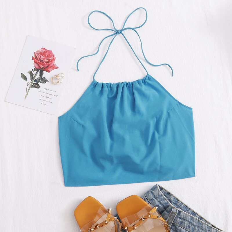 

Solid Halter Crop Top, Blue