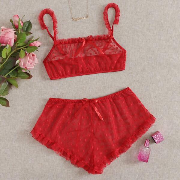 

Frill Trim Sheer Mesh Lingerie Set, Red