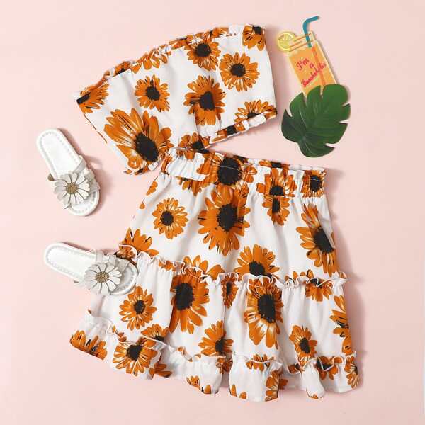 

Girls Frill Trim Sunflower Print Bandeau Top & Skirt Set, Multicolor