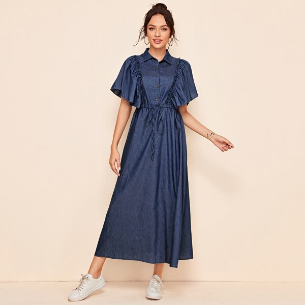 

Collared Buttoned Front Ruffle Trim Drawstring Waist Dress, Navy blue