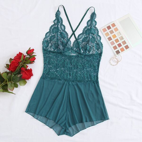 

Plus Contrast Lace Mesh Romper Bodysuit, Dark green
